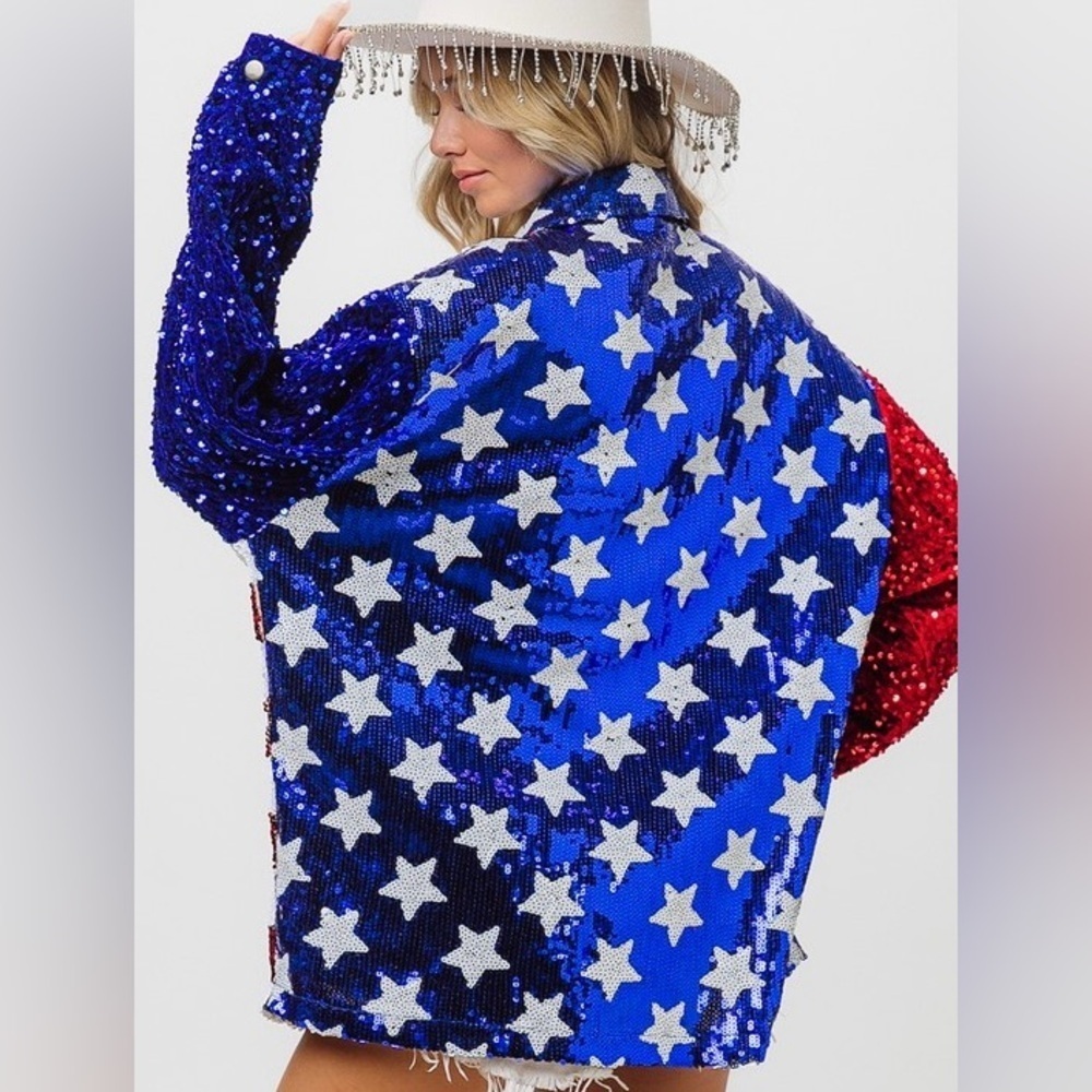 Velvet Sequin Sleeve American Flag Theme Shirt 1 left small - Picture 2 of 7